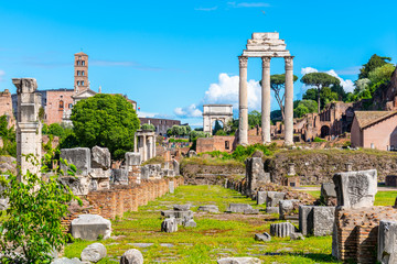 Ancient ruins of Basilica Julia and Temple of Castor and Pollux in Roman Forum, Rome, Italy