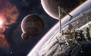 Beautiful cosmic landscape in warm starlight. Space station on background of colonized planets. Science fiction. Elements of this image furnished by NASA