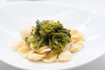 orecchiette alla pugliese, homemade Italian pasta. Orecchiette with turnip tops