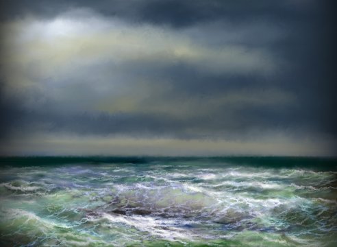 Sea and blue sky.  Digital oil paintings sea landscape. Fine art, artwork