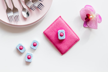 Detergent for washing dishes on white background top view copy space