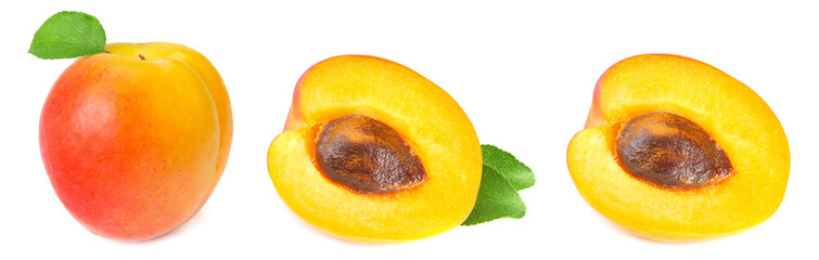 apricot fruits with green leaf isolated on white background