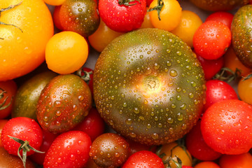 Different fresh tomatoes, top view