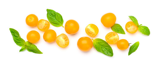 Fresh tomatoes with basil on white background