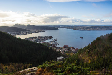 Fototapeta na wymiar Beautiful norwegian nature. View of Bergen and fjord. Sunny day.