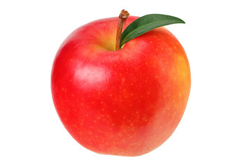 red apples with green leaves isolated on a white background