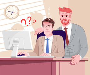 Job stress flat vector illustration. Boss standing near employee table cartoon characters.