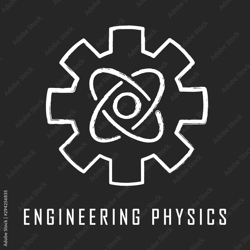 Poster engineering physics chalk icon. nanotech. cogwheel and atom structure model. mechanical engineering.
