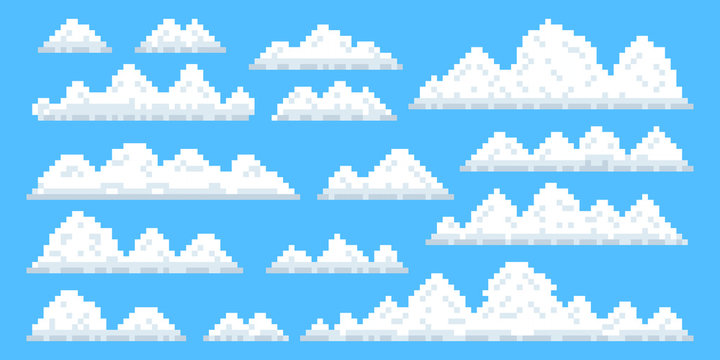 Vector pixel art. Set of clouds for games and web. Vector illustration.