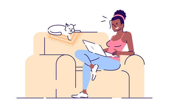 Smiling Girl On Sofa With Laptop Flat Vector Illustration. Freelancer At Work. Lady And Sleeping Cat On Couch Isolated Cartoon Characters With Outline Elements On White Background