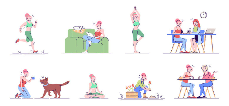 Stress management flat vector illustrations set. Woman sport, hobby, entertainment, healthcare. Active girl lifestyle isolated cartoon characters with outline elements on white background