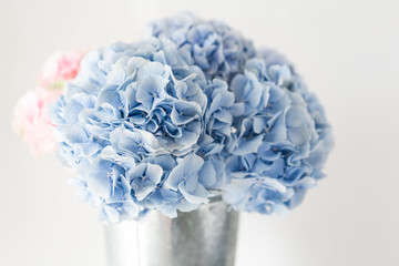 beautiful hydrangea flowers in a vase on a table . Bouquet of light blue. Decoration of home....