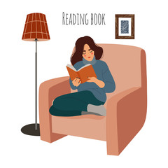 Reading Woman at home on chair. Girl sitting on armchair with interesting book. Vector flat illustration isolated on white background.