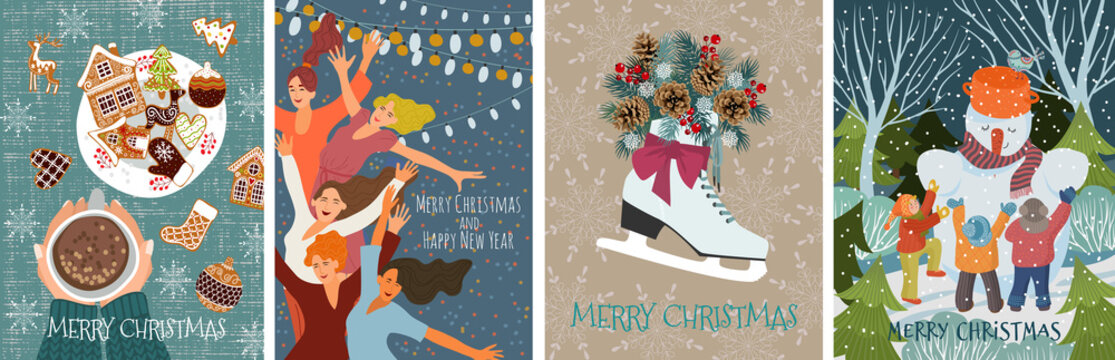 Set of vector christmas cards with gingerbread cookies, children making a snowman, dancing people and skates with fir branches and cones. Cute hand draw illustration