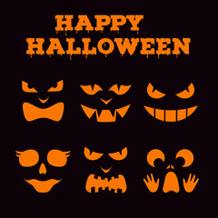 Collection of Halloween pumpkins carved faces silhouettes. Black and white images. Template for cut out jack o lantern.