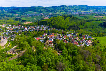 Fototapeta na wymiar Aerial view of the castle Lindenfels, Medieval town Lindenfels, Bergstrasse, Hesse, Germany