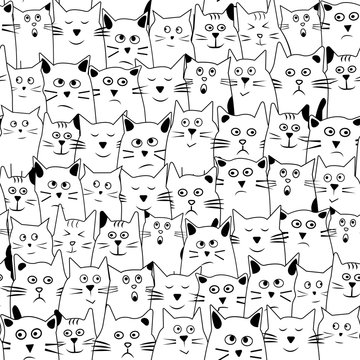 Funny seamless pattern with cartoon cats hand drawn with differents emotions, black and white design. Vector illustration