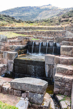 Inca water channels and fountains at the Tipon archaeological site, just south of Cusco, Peru