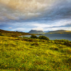 Beautiful scenic landscape of Scotland nature with beautiful evening sun set sky.