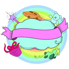 Hand drawing cute logo. With hand drawing toys. Colorful cartoon style.