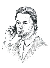 Unshaven handsome man talking on a cell phone.