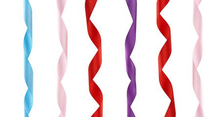 blue, pink, red and purple satin twisted ribbons isolated on white background