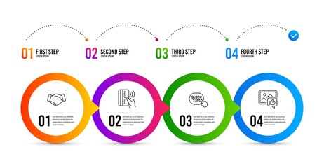 Quick tips, Contactless payment and Handshake line icons set. Timeline infographic. Like photo sign. Helpful tricks, Bank money, Deal hand. Thumbs up. People set. Quick tips icon. Vector
