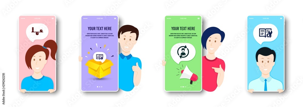 Poster human resources, technical algorithm and balance icons simple set. people on phone screen. engineeri