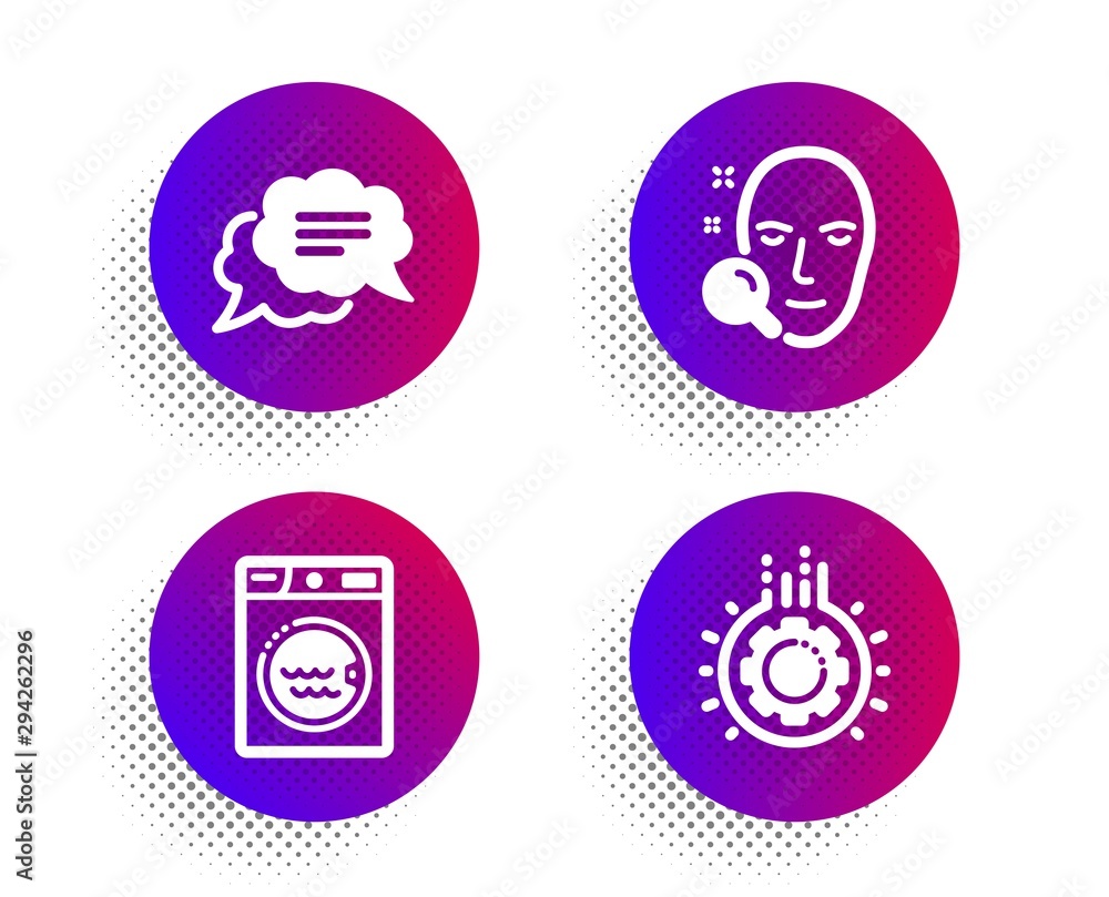 Poster face search, text message and laundry icons simple set. halftone dots button. gear sign. find user, 