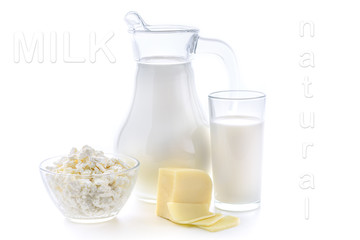 Milk, cottage cheese, cheese, still life of fresh dairy products. Dairy nutrition is good for children's health. Milk cocktail made from fresh produce on a white background.