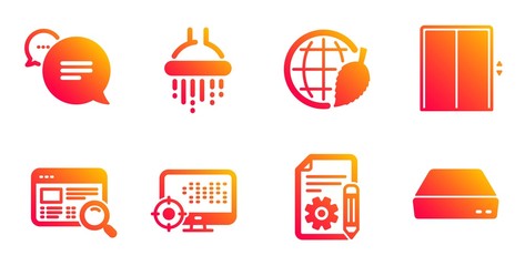 Lift, Documentation and Environment day line icons set. Shower, Website search and Seo signs. Text message, Mini pc symbols. Elevator, Project. Technology set. Gradient lift icons set. Vector