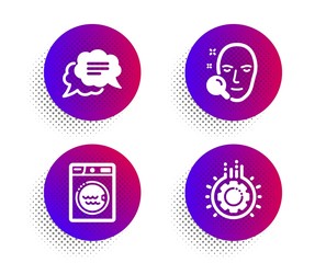 Face search, Text message and Laundry icons simple set. Halftone dots button. Gear sign. Find user, Chat bubble, Washing machine. Work process. Technology set. Classic flat face search icon. Vector