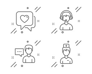 Fototapeta premium Heart, Person talk and Consultant line icons set. Doctor sign. Love chat, Communication message, Call center. Medicine person. People set. Line heart outline icon. Vector