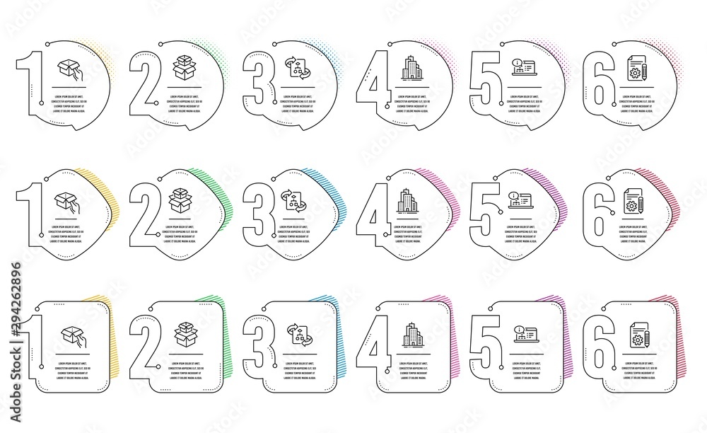 Poster packing boxes, hold box and technical algorithm line icons set. infographic timeline. documentation,