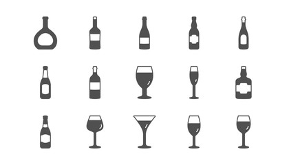 Bottles icons. Beer drinks, Wine glass and Whiskey bottle. Champagne classic icon set. Quality set. Vector