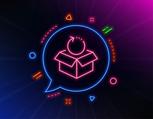 Return package line icon. Neon laser lights. Delivery parcel sign. Cargo goods box symbol. Glow laser speech bubble. Neon lights chat bubble. Banner badge with return package icon. Vector