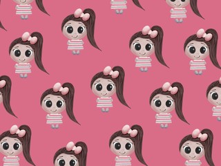 Illustration of a pattern with many cute dark-haired girls in pink and gray with a tail, in a dress and bow on a pink background. Use in children's printed materials, stationery, children's textiles.