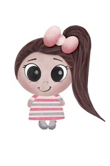 Illustration of a cute girl in pink-gray colors with a tail,in a dress and with a bow on a white background.Cute children's illustration of girls. Use in children's printed materials,stationery,textil
