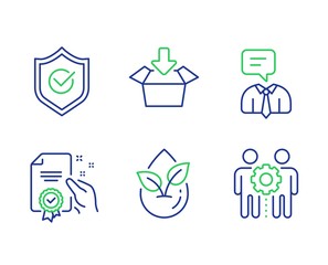 Support service, Get box and Certificate line icons set. Organic product, Approved shield and Employees teamwork signs. Human talking, Send package, Certified guarantee. Leaf. Technology set. Vector