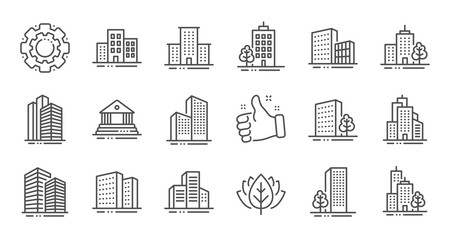 Buildings line icons. Bank, Hotel, Courthouse. City, Real estate, Architecture buildings icons. Hospital, town house, museum. Urban architecture, city skyscraper. Linear set. Quality line set. Vector