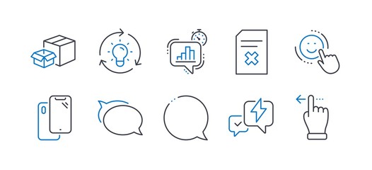 Set of Technology icons, such as Smartphone, Idea, Delete file, Smile, Lightning bolt, Talk bubble, Statistics timer, Speech bubble, Packing boxes, Touchscreen gesture line icons. Vector