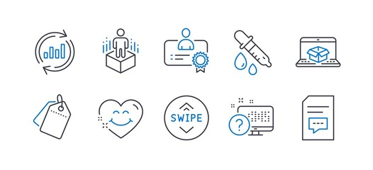 Set of Technology icons, such as Online delivery, Online quiz, Certificate, Sale tags, Update data, Chemistry pipette, Smile face, Swipe up, Augmented reality, Comments line icons. Vector