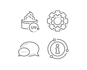 Uv protection cream line icon. Chat bubble, info sign elements. Skin care sign. Cosmetic lotion symbol. Linear uv protection outline icon. Information bubble. Vector
