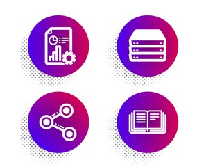 Share, Servers and Report icons simple set. Halftone dots button. Education sign. Follow network, Big data, Presentation document. Instruction book. Technology set. Classic flat share icon. Vector