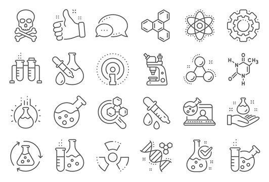 Chemistry lab line icons. Chemical formula, Microscope and Medical analysis. Laboratory test flask, reaction tube, chemistry lab icons. Microscopic research, toxic radiation. Line signs set. Vector