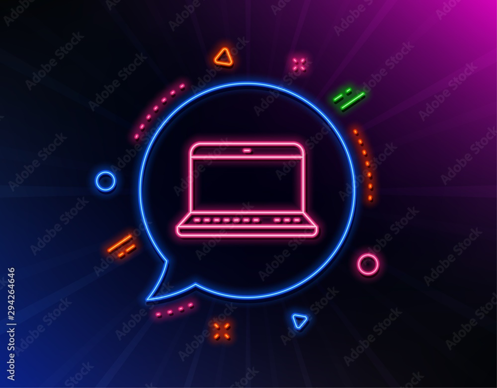 Poster laptop computer icon. neon laser lights. notebook sign. portable personal computer symbol. glow lase