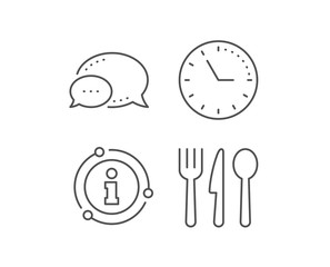 Food line icon. Chat bubble, info sign elements. Cutlery sign. Fork, knife, spoon symbol. Linear food outline icon. Information bubble. Vector