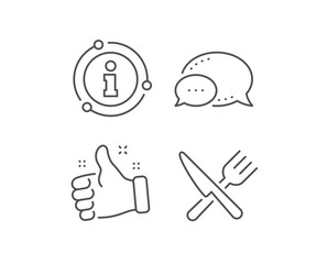 Obraz premium Food line icon. Chat bubble, info sign elements. Cutlery sign. Fork, knife symbol. Linear food outline icon. Information bubble. Vector