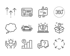 Set of Technology icons, such as Journey path, 360 degrees, Question mark, Maximize, Ranking, Favorite, Swipe up, Car, Graph chart, Comic message, Bitcoin, Spanner line icons. Vector