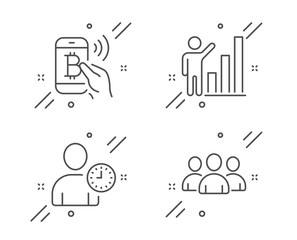 Bitcoin pay, Time management and Graph chart line icons set. Group sign. Mobile payment, User with clock, Growth report. Group of users. People set. Line bitcoin pay outline icon. Vector